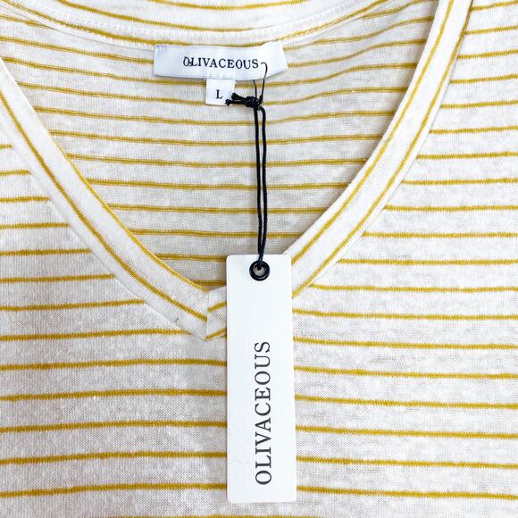 White Mustard Yellow Gold Stripe Twist Front V Neck Linen Blend Tee Shirt Large - Picture 4 of 5